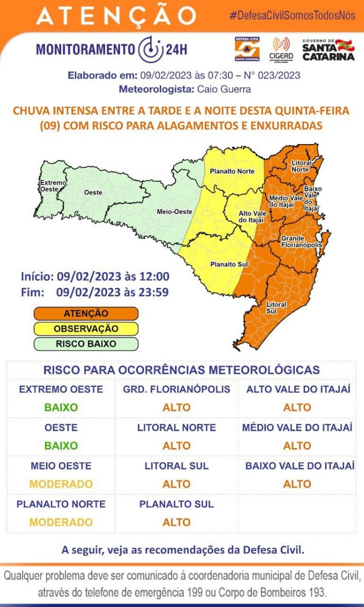 Defesa Civil alerta para chuva intensa entre a tarde e a noite desta quinta (09)