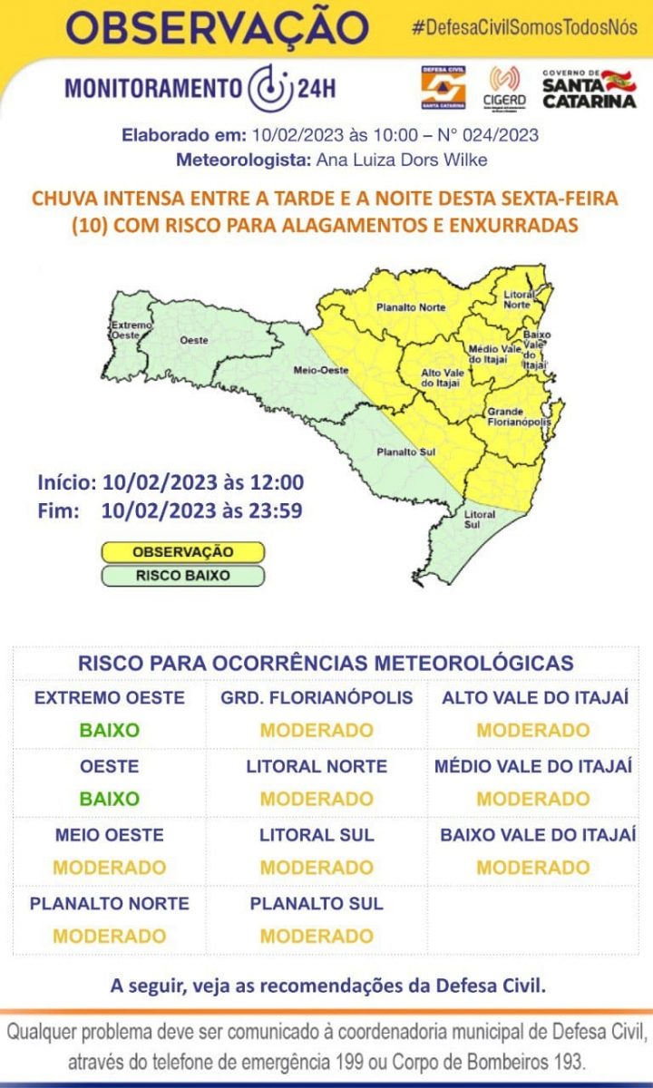 Defesa Civil alerta para chuva intensa entre a tarde e a noite desta sexta-feira (10)