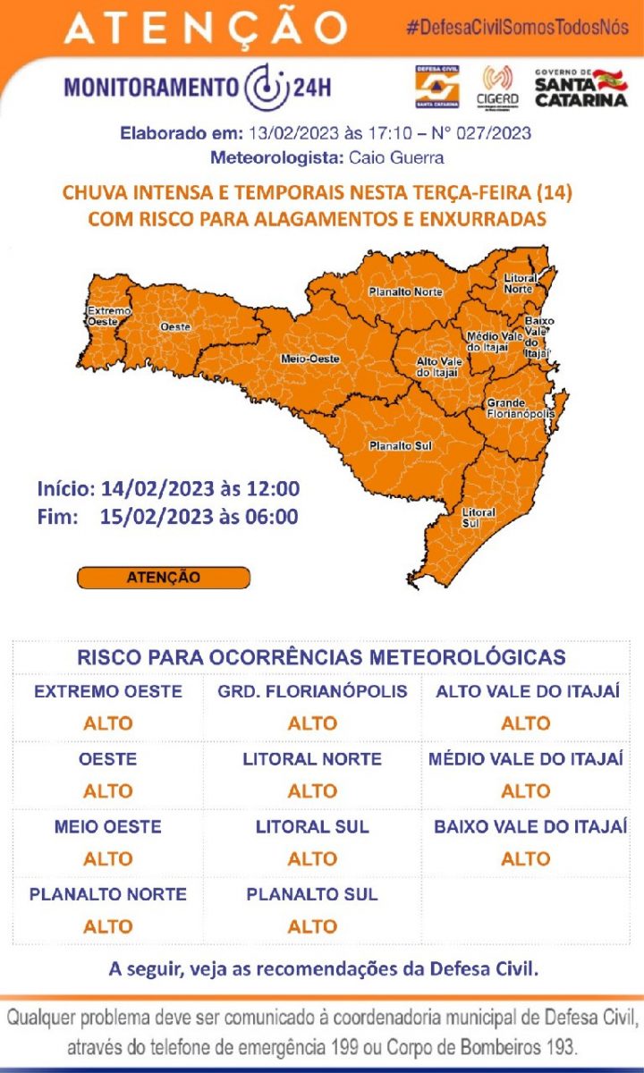 Defesa Civil alerta para chuva intensa e temporais nesta terça-feira (14)