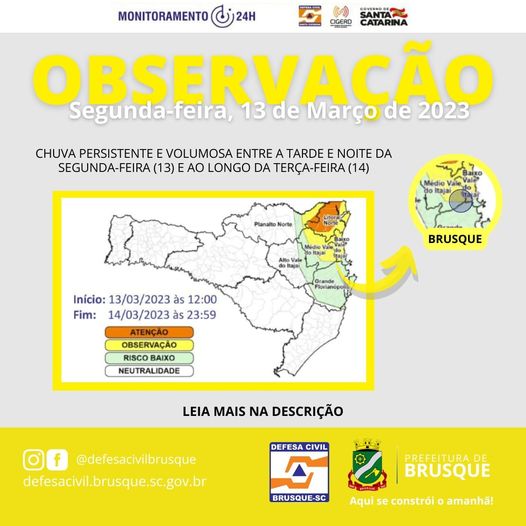 Defesa Civil alerta para chuva persistente e volumosa entre a tarde e noite desta segunda-feira (13) e ao longo da terça-feira (14)