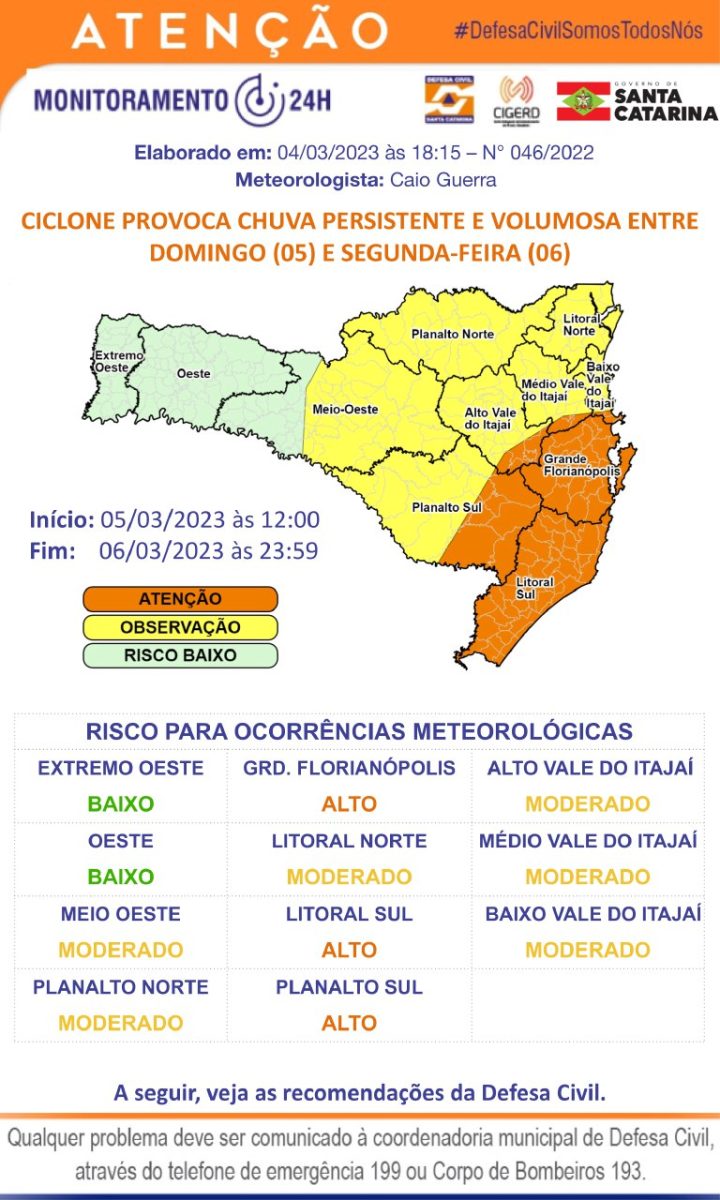 Defesa Civil alerta para atuação de ciclone extratropical em SC