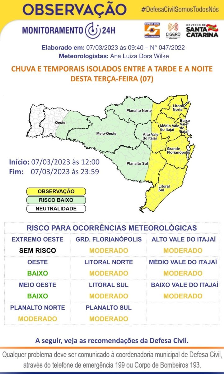 Aviso Meteorológico: Defesa Civil está em estado de observação