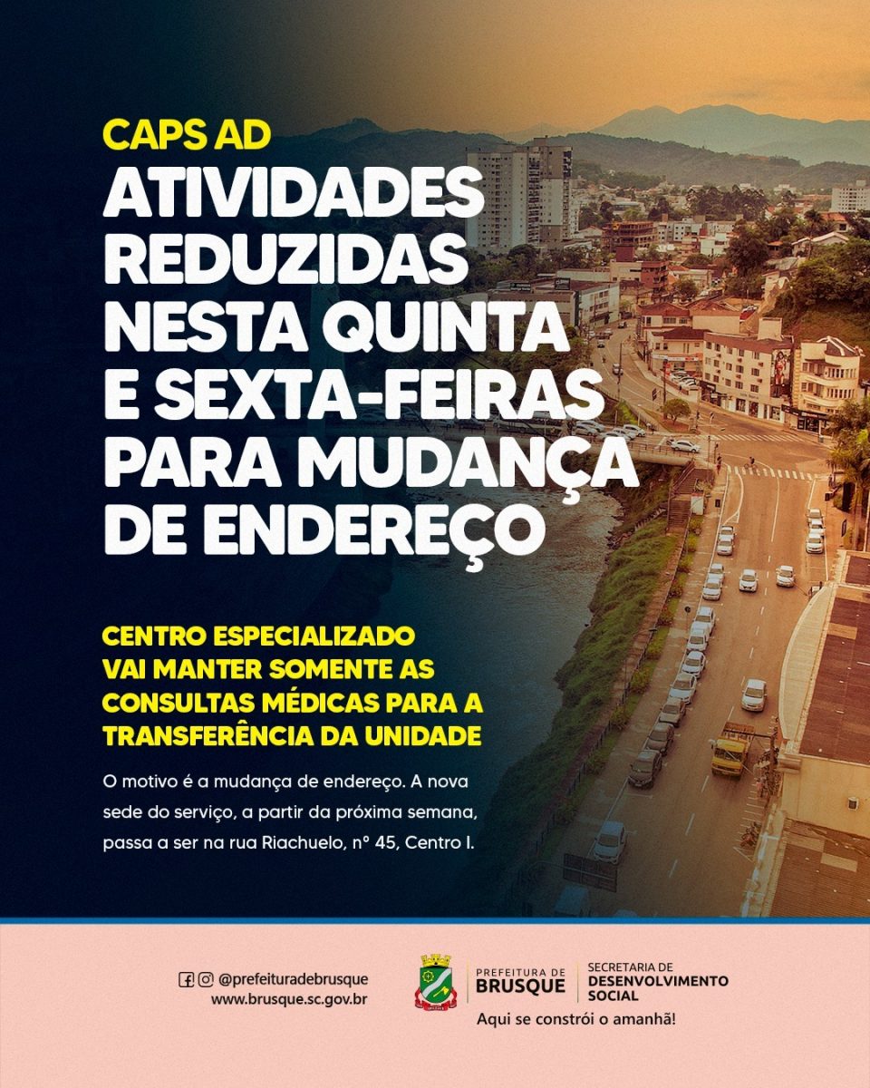 CAPS AD tem atividades reduzidas nesta quinta e sexta-feira para mudança de endereço