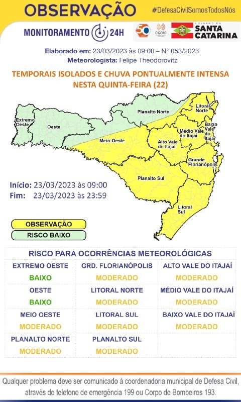 Defesa Civil alerta para possibilidade de temporais isolados e chuva pontualmente intensa nesta quinta-feira (23)