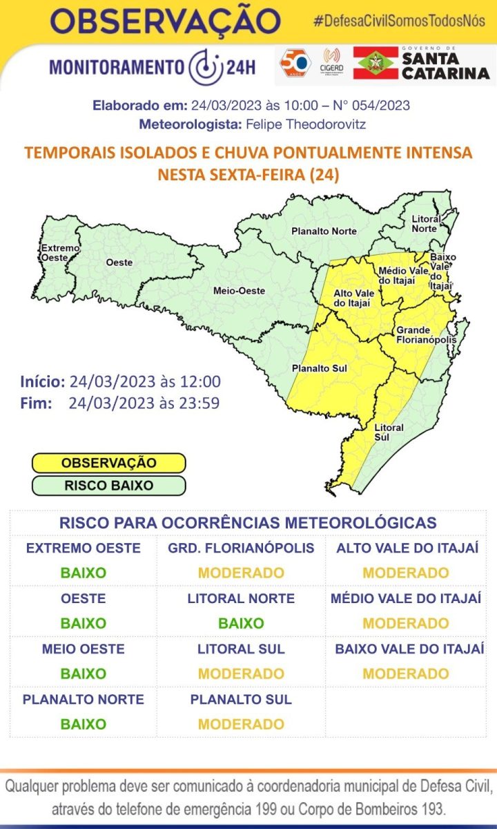 Aviso Meteorológico: Defesa Civil está em estado de observação