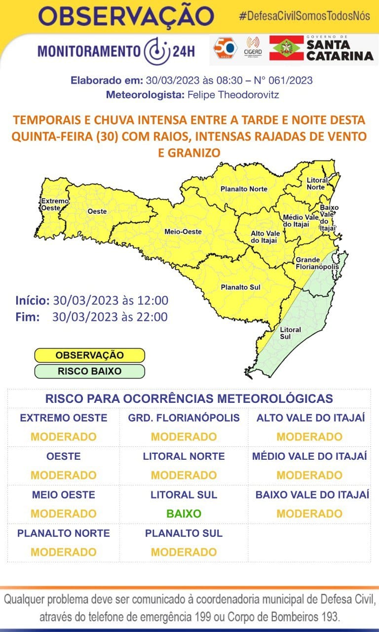 Aviso meteorológico: Possibilidade de temporais isolados e chuva intensa