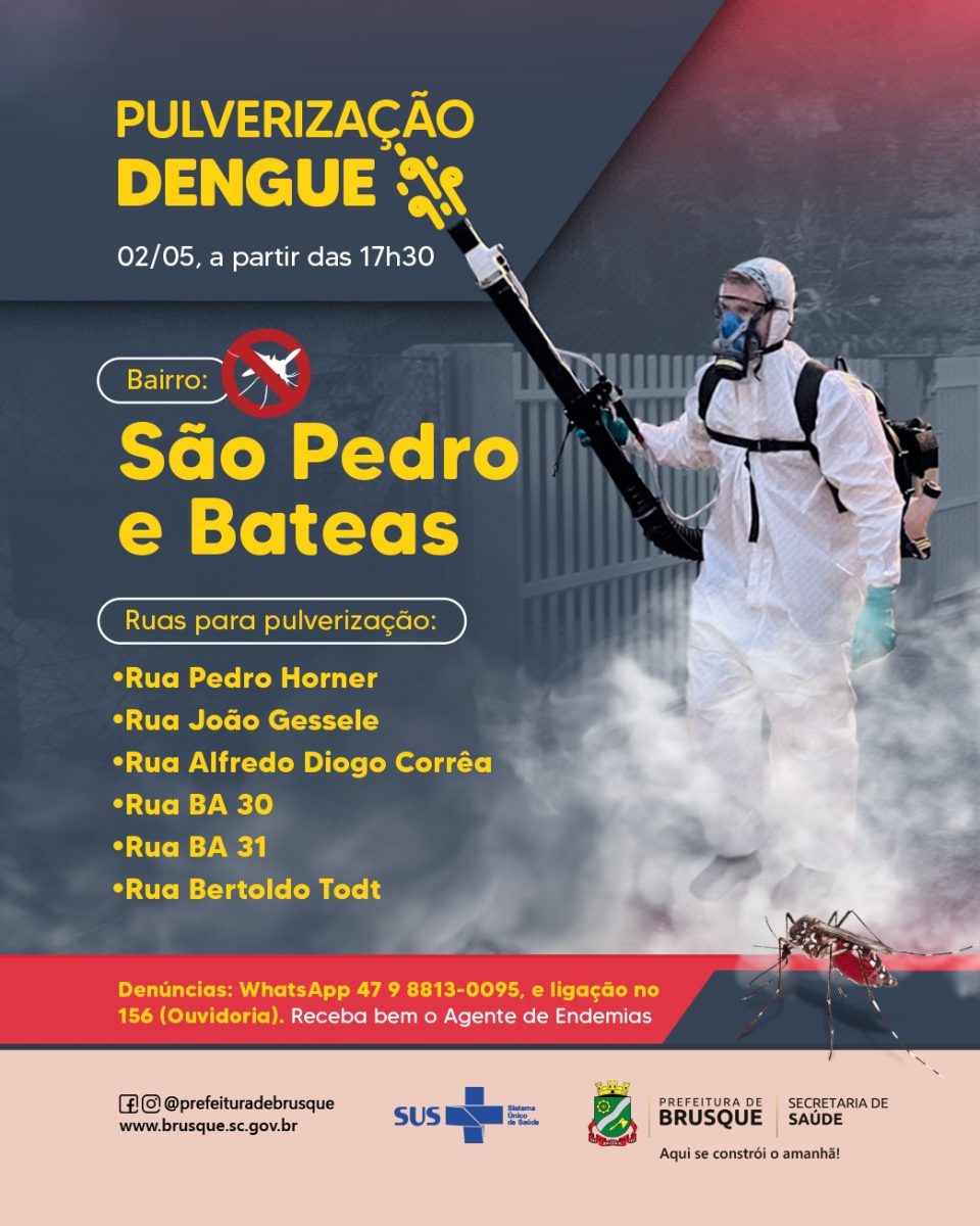 Dengue: Pulverização desta terça-feira à tarde ocorre no São Pedro e Bateas