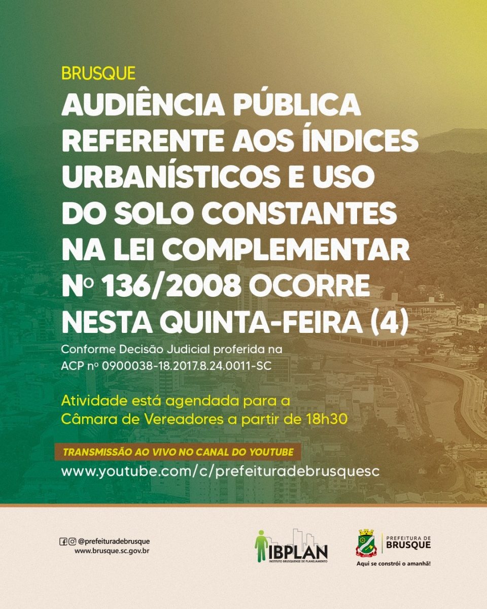 Audiência Pública referente aos Índices Urbanísticos e Uso do Solo constantes na Lei Complementar nº 136/2008 ocorre nesta quinta-feira