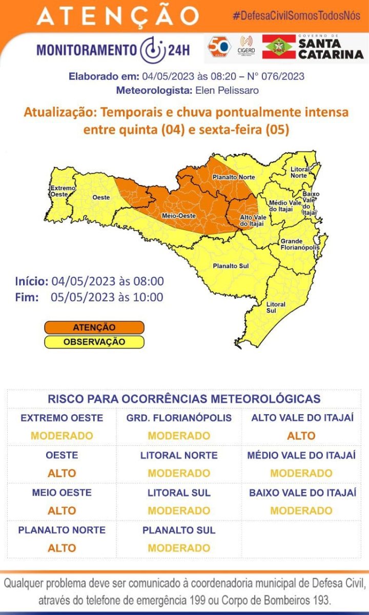 Aviso meteorológico: Temporais e chuva pontualmente intensa entre quinta (4) e sexta-feira (5)