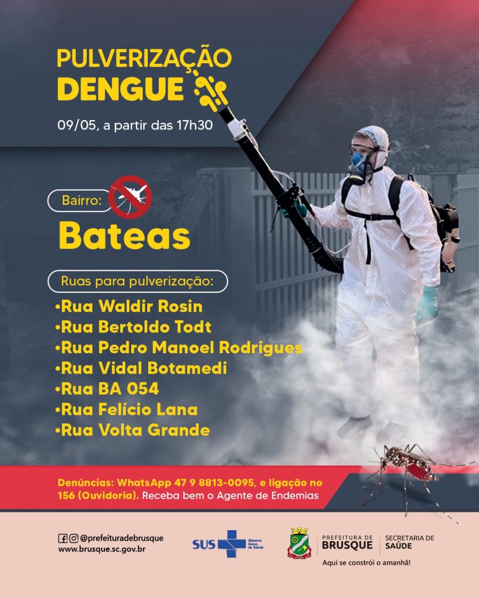 Dengue: Pulverização de terça-feira, à tarde, ocorre no bairro Bateas