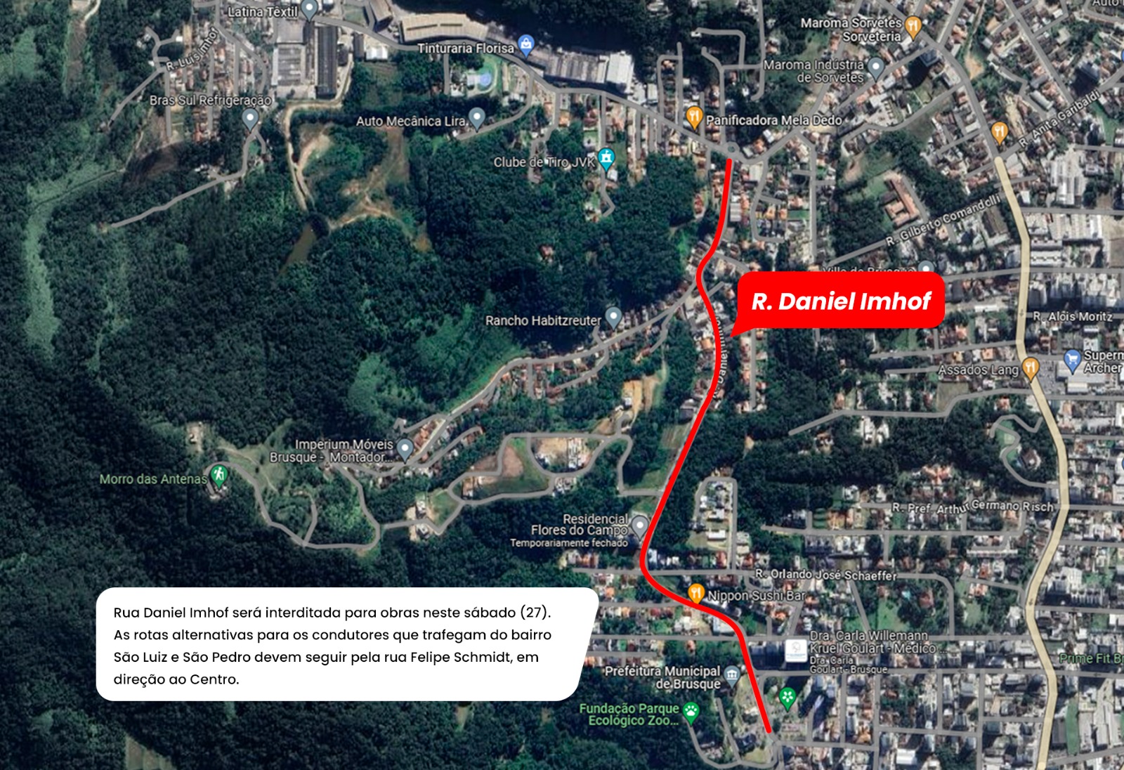 Rua Daniel Imhof será interditada para obras neste sábado (27)